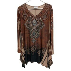 Cover Charge Wmens BOHO Western Tunic Top Medium Aztec Embellished Long Sleeve